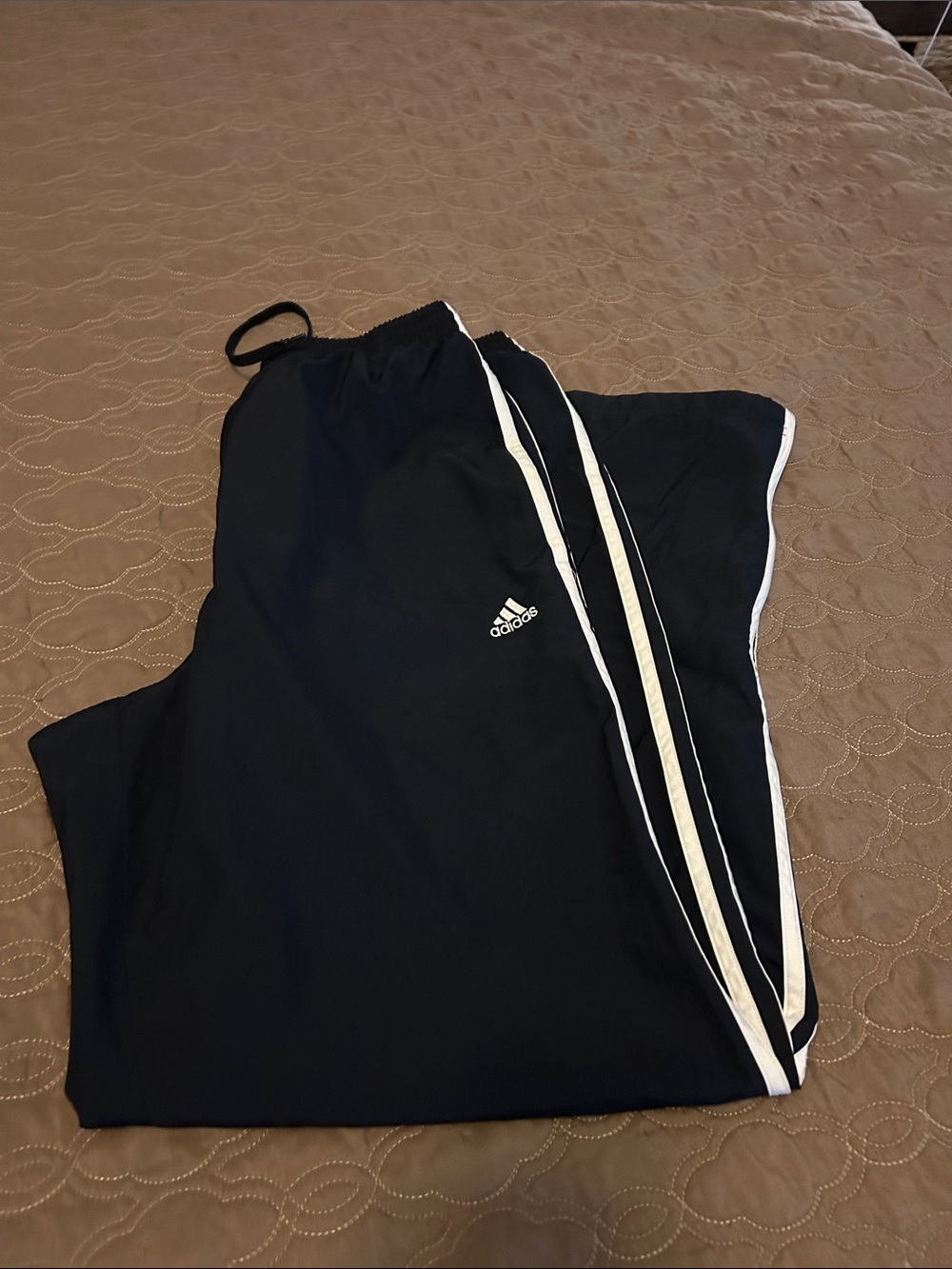 Men’s size medium adidas navy blue Track Pants with White Stripes